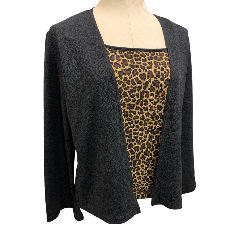 Large JKLA Women's 1980s Vintage Layered Look Pullover Top Black Leopard Print